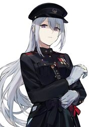  adjusting_clothes commentary duoyuanjun expressionless female gloves grey_hair hat highres higuchi_kaede higuchi_kaede_(8th_costume) jacket katana long_hair long_sleeves military military_uniform mole mole_under_eye nijisanji peaked_cap ponytail purple_eyes sidelocks simple_background solo sword uniform very_long_hair virtual_youtuber weapon white_background white_gloves 