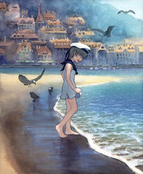  alternate_costume barefoot beach bird blue_eyes city commentary dock dress female full_body grey_hair hat kantai_collection mountain outdoors painting_(medium) profile sailor_collar sailor_dress sailor_hat seagull shijukara_(great_tit) short_hair skirt_hold sleeveless sleeveless_dress solo traditional_media water watercolor_(medium) z1_leberecht_maass_(kancolle) 