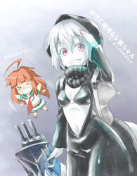  2girls abyssal_ship backpack bad_id bad_pixiv_id bag bikini black_bikini blush bodysuit breasts cannon glowing glowing_eyes grey_hair grin hood kantai_collection kuma_(kancolle) long_hair long_sleeves looking_at_viewer masakichi_(crossroad) multiple_girls o-ring o-ring_top pale_skin purple_eyes re-class_battleship salute short_hair small_breasts smile swimsuit tail translation_request white_bag 