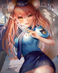  absurdres animal_ear_fluff animal_ears breasts commentary fangs fate/extella fate/extella_link fate/extra fate_(series) female female_service_cap fox_ears fox_tail hat highres large_breasts long_hair miniskirt necktie official_alternate_costume ofuda open_mouth panties pantyshot parayang peaked_cap pencil_skirt photoshop_(medium) pink_hair police police_hat police_uniform policewoman skirt solo tail tamamo_(fate) tamamo_no_mae_(fate/extra) tamamo_no_mae_(police_fox)_(fate) underwear uniform yellow_eyes 