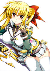  &gt;_&lt; absurdres alternate_hairstyle asteion bardiche_(nanoha) bardiche_(standby_form)_(nanoha) belt biting biting_clothes black_leotard blush bow braid breasts brown_gloves clenched_hands cosplay creature einhard_stratos einhard_stratos_(cosplay) fate_testarossa female fingerless_gloves french_braid fujima_takuya fur gloves green_jacket grey_jacket grey_skirt grey_thighhighs hair_between_eyes hairbow highres jacket large_breasts leotard looking_at_viewer lying lyrical_nanoha mahou_shoujo_lyrical_nanoha_vivid multicolored_clothes multicolored_jacket official_art on_side overskirt pleated_skirt red_bow red_eyes scan simple_background skirt smile solo stuffed_animal stuffed_lion stuffed_toy thigh_gap thighhighs twintails white_background 