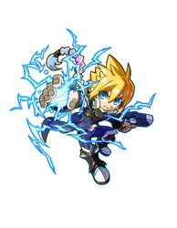  1boy azure_striker_gunvolt blonde_hair blue_eyes boots braid chibi electricity gun gunvolt highres long_coat long_hair male_focus midriff mighty_gunvolt mighty_gunvolt_burst natsume_yuji official_art parted_lips simple_background single_braid solo weapon white_background 