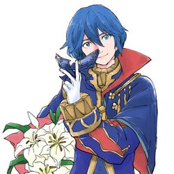  armor blue_eyes blue_hair cape commentary cosplay eliwood_(fire_emblem) eliwood_(fire_emblem)_(cosplay) eliwood_(valentine)_(fire_emblem) female fire_emblem fire_emblem:_the_blazing_blade fire_emblem_awakening fire_emblem_heroes flower gloves holding holding_weapon looking_at_viewer lucina_(fire_emblem) marth_(fire_emblem_awakening) mask nezumoto reverse_trap short_hair simple_background smile solo tiara weapon 