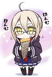  ahoge artoria_pendragon_(fate) bespectacled black-framed_eyewear blonde_hair blush braid chibi commentary crepe eating fate/grand_order fate_(series) female food food_on_face glasses hood hooded_jacket jacket long_sleeves mysterious_heroine_x_alter_(fate) mysterious_heroine_x_alter_(first_ascension)_(fate) plaid plaid_scarf puyo_(puyotopia) red_scarf scarf school_uniform solo standing thighhighs yellow_eyes 