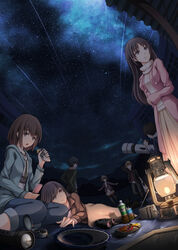  3boys 4girls binoculars black_hair brown_eyes brown_hair commentary_request drink fence fisheye hood hoodie lantern lap_pillow long_hair multiple_boys multiple_girls night night_sky original outdoors photoshop_(medium) radio short_hair sky smile star_(sky) stargazing starry_sky sweater telescope turtleneck turtleneck_sweater yumemizuki 