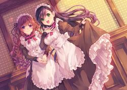  2girls :d apron bad_id bad_pixiv_id black_hair blush clothes_lift dress dress_lift green_eyes hand_on_own_chest long_hair long_sleeves maid maid_apron maid_headdress multiple_girls natsu_natsuna open_mouth original purple_eyes red_hair smile 