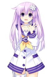  :d choker cowboy_shot d-pad d-pad_hair_ornament dress female hair_between_eyes hair_ornament highres long_hair looking_at_viewer neckerchief nepgear neptune_(series) open_mouth purple_eyes purple_hair sailor_dress simple_background smile solo waving white_background white_choker yellow_neckerchief zero_(ray_0805) 