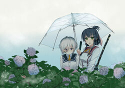  2girls 80mph ahoge black_hair blush commentary_request flower fog folded_ponytail green_eyes hair_ornament hair_ribbon hairclip hydrangea itomi_sayaka katana leaf minoseki_gakuin_uniform multiple_girls purple_eyes rain renpu_girls_school_uniform ribbon school_uniform shared_umbrella sheath sheathed short_hair snail sword tied_hair toji_no_miko transparent transparent_umbrella umbrella weapon white_hair yanase_mai yuri 