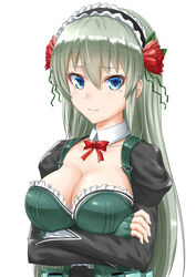  blue_eyes blush bow bowtie breasts choker cleavage collarbone commentary_request crossed_arms female flower frills green_hair hair_flower hair_ornament hairband highres kayama_kouji large_breasts long_hair looking_at_viewer mahou_shoujo_tokushusen_asuka no_bra ootorii_asuka rapture_asuka red_bow red_bowtie shiny_clothes shiny_skin simple_background smile solo very_long_hair white_background 