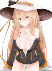  absurdres bare_legs bare_shoulders barefoot bikini blush bodypaint breast_lift breasts brown_hair character_name chinese_commentary cleavage collarbone commentary_request eyes_visible_through_hair female front-tie_bikini_top front-tie_top girls&#039;_frontline groin hair_between_eyes hat highres jacket large_breasts long_hair looking_away lowleg lowleg_bikini m37_(girls&#039;_frontline) m37_(summer_parader)_(girls&#039;_frontline) navel off_shoulder official_alternate_costume open_clothes open_jacket orange_eyes ru_zhai sidelocks simple_background sitting solo sun_hat swimsuit thighs very_long_hair weapon white_background white_bikini 