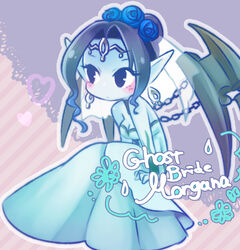  alternate_costume alternate_hairstyle black_eyes black_hair black_wings blue_dress blue_skin breasts character_name chibi cleavage colored_skin commentary dress earrings female flower ghost_bride_morgana jewelry league_of_legends medium_breasts mizoreame morgana_(league_of_legends) pointy_ears rose solo strapless strapless_dress veil wedding_dress wings 