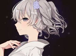  alternate_costume bad_id bad_twitter_id black_background blue_eyes bow female from_side grey_hair hairbow japanese_clothes kantai_collection kashima_(kancolle) light_smile looking_at_viewer oniku_(oishii_oniku) profile solo twintails wavy_hair 