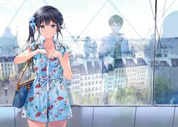  1boy adagaki_aki bag black_hair blue_bag blush bottle building closed_mouth collarbone commentary_request cowboy_shot dress eiffel_tower female floral_print highres indoors lamppost long_hair looking_at_viewer makabe_masamune masamune-kun_no_revenge paris print_dress real_world_location reflection sash short_sleeves shoulder_bag side_ponytail skirt tiv water_bottle window 