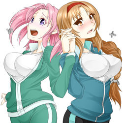  2girls blush braid breasts brown_eyes brown_hair bursting_breasts commentary_request crossover d-frag! hairband hissa_yossa holding_hands interlocked_fingers jacket large_breasts long_hair mikakunin_de_shinkoukei multiple_girls open_mouth pants pink_hair popped_zipper purple_eyes season_connection single_braid takao_(d-frag!) track_jacket track_pants track_suit twintails two_side_up wardrobe_malfunction yonomori_kobeni zipper 