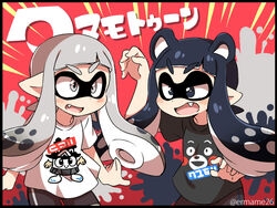  2girls bike_shorts black_border black_hair blush border commentary_request eromame grey_hair inkling inkling_girl inkling_player_character kumamon multiple_girls oerba_yun_fang pointy_ears splatoon_(series) splatoon_1 tentacle tentacle_hair yuri yuru-chara 