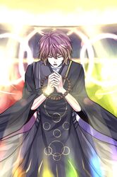  1boy beads brown_hair closed_eyes commentary_request energy gimp_(medium) gradient_hair hijiri_myouren light long_sleeves male_focus multicolored_hair naozi open_mouth own_hands_clasped own_hands_together prayer_beads purple_hair robe solo touhou 