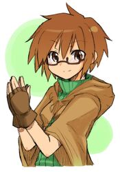  aussa brown_eyes brown_hair choutako coat duel_monster fingerless_gloves glasses gloves short_hair star turtleneck yu-gi-oh! yuu-gi-ou_duel_monsters 