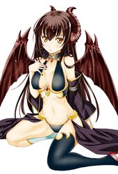  bare_shoulders black_gloves black_thighhighs blush breasts brown_hair commentary_request demon_girl demon_horns demon_wings detached_sleeves earrings elbow_gloves female gloves hand_on_own_chest horns jewelry lirshana long_hair looking_at_viewer maou_no_hajimekata medium_breasts moonsorrow simple_background single_thighhigh solo thighhighs white_background wings yellow_eyes 