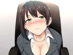  armchair black_hair blush breasts chair cleavage closed_mouth collarbone collared_shirt commentary_request dress_shirt earrings female formal green_eyes grey_jacket jacket jewelry large_breasts looking_at_viewer nose_blush office_lady original shin&#039;yashiki shirt short_hair solo suit unbuttoned unbuttoned_shirt upper_body white_shirt 