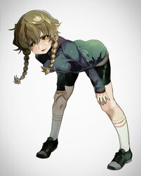  amane_suzuha bent_over bike_shorts black_footwear blue_jacket braid breasts brown_hair female hair_between_eyes hands_on_own_knees jacket legs_apart long_hair long_sleeves mafuyu_hemp open_mouth shoes small_breasts smile socks solo standing steins;gate track_jacket twin_braids white_socks yellow_eyes 