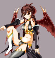  bare_shoulders black_gloves black_thighhighs breasts brown_hair commentary_request demon_girl demon_horns demon_wings detached_sleeves earrings elbow_gloves female gloves horns jewelry lirshana long_hair looking_at_viewer maou_no_hajimekata medium_breasts moonsorrow simple_background single_thighhigh solo thighhighs wings yellow_eyes 