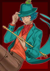  1boy blue_hair commentary_request dark-skinned_male dark_skin fedora flute grey_eyes hat instrument krishna_(megami_tensei) magatsumagic male_focus shin_megami_tensei shin_megami_tensei_iv_final solo staff 