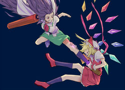  2girls arm_cannon asymmetrical_footwear bad_id bad_pixiv_id battle black_hair blonde_hair breasts duel feathered_wings flandre_scarlet flying_kick green_skirt kenuu_(kenny) kicking large_breasts leg_grab loafers long_hair mismatched_footwear multiple_girls red_eyes reiuji_utsuho shoes side_ponytail skirt socks third_eye touhou weapon wings 