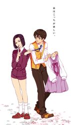  1boy brown_hair chains commentary_request dress female folding_fan formal grey_eyes hand_fan highres holding holding_clothes kujou_subaru necktie necktie_grab neckwear_grab nedayashi petals purple_hair sakura_taisen sakura_taisen_v short_shorts shorts smile suit taiga_shinjirou translation_request vest 