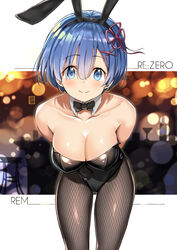  alternate_costume animal_ears arms_behind_back artist_name bar_stool bare_shoulders black_bow black_bowtie black_hairband black_leotard blue_eyes blue_hair blurry blush bokeh bottle bow bowtie breasts character_name cleavage closed_mouth cocktail_glass collarbone commentary_request copyright_name covered_navel cowboy_shot cup depth_of_field detached_collar drinking_glass fake_animal_ears female fishnet_pantyhose fishnets hair_between_eyes hair_ornament hair_ribbon hairband hiroki_(hirokiart) indoors leaning_forward leotard looking_at_viewer medium_breasts outside_border pantyhose parted_bangs pink_ribbon playboy_bunny rabbit_ears re:zero_kara_hajimeru_isekai_seikatsu rem_(re:zero) ribbon shiny_clothes shiny_skin short_hair silhouette smile solo standing stool strapless strapless_leotard thighs x_hair_ornament 