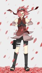  boots ciero female gloves green_eyes headband naruto pink_hair sakura_haruno sakura_petals 