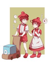  1boy aa-2153 ae-3803 aged_down ahoge apron cart commentary dress erythroblast_(hataraku_saibou) female hat hataraku_saibou hataraku_saibou_black highres kuro_lee lolicon pom_pom_(clothes) red_dress red_footwear red_hat shirt shirt_tug short_hair short_sleeves shorts socks suspender_shorts suspenders translated white_legwear white_shirt yellow_eyes 