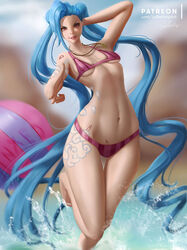  bikini blue_hair breasts female jinx_(league_of_legends) league_of_legends lips lolliedrop long_hair pink_eyes tattoo twintails very_long_hair water 