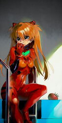  bodysuit breasts commentary_request eating eyes_visible_through_hair female food food_on_face fruit green_eyes hair_between_eyes hair_ornament highres holding holding_food holding_fruit interface_headset long_hair mafuyu_hemp neon_genesis_evangelion orange_hair pilot_suit plugsuit red_bodysuit science_fiction sitting small_breasts solo souryuu_asuka_langley straight_hair tomato two_side_up 