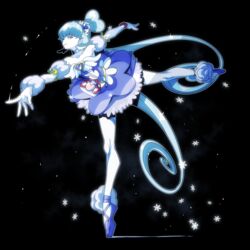  arabesque_(pose) ballerina bare_shoulders black_background blue_eyes blue_footwear blue_hair blue_skirt brooch colored_skin commentary_request cure_princess cure_princess_(sherbet_ballet) en_pointe female full_body hair_bun happinesscharge_precure! heart heart_brooch heart_hair_bun jewelry long_hair magical_girl plantar_flexion precure senmu_(0107) shirayuki_hime shoes single_hair_bun skirt smile snowflakes solo twintails white_skin wing_brooch wing_earrings wrist_cuffs 