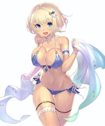  :d arm_strap armband ass_visible_through_thighs bikini blonde_hair blue_bikini blue_eyes blush bob_cut breasts cleavage collarbone commentary_request covered_nipples cowboy_shot eyebrows female front-tie_top hair_between_eyes hair_ornament hand_up highres holding large_breasts looking_at_viewer navel open_mouth phalanx_(sekaiju) phalanx_2_(sekaiju) sekaiju_no_meikyuu sekaiju_no_meikyuu_3 shawl short_hair side-tie_bikini_bottom simple_background smile solo strap_gap swimsuit takamine_nadare thigh_gap thigh_strap white_background wrist_cuffs 