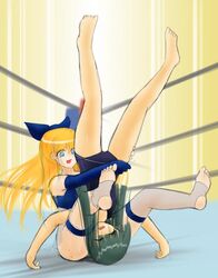  #13 2girls barefoot blonde_hair bow elbow_gloves feet femdom green_hair minako_(#13) piledriver thighhighs wrestling yayoi_(#13) yuri 