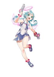  aqua_eyes aqua_hair boots dual_wielding ekoro_(galgun) female full_body gal_gun_(series) gal_gun_double_peace gun holding long_hair natsume_yuji neckerchief official_art open_mouth photoshop_(medium) sailor_collar skirt solo standing standing_on_one_leg twintails weapon 