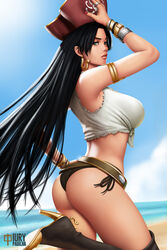  arm_garter artist_name ass beach bikini bikini_bottom_only black_bikini black_hair blue_sky boa_hancock bracelet closed_mouth cloud commentary crop_top day earrings english_commentary female green_eyes hat iury_padilha jewelry long_hair looking_at_viewer midriff nail_polish ocean official_alternate_costume one_piece outdoors photoshop_(medium) pirate_hat red_hat red_nails side-tie_bikini_bottom sky snake_earrings solo swimsuit 