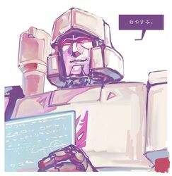  1980s_(style) 1boy bad_id bad_pixiv_id decepticon glowing glowing_eyes holographic_interface holographic_monitor insignia machinery mecha megatron no_humans oden_(dofuko) red_eyes retro_artstyle robot smile solo transformers transformers:_generation_1 translated 