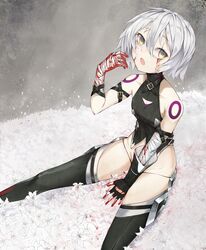  arm_belt bandaged_arm bandages bare_shoulders between_legs black_panties blood blood_on_face blood_on_hands commentary_request fate/apocrypha fate/grand_order fate_(series) female flower gloves hair_between_eyes hand_between_legs highres jack_the_ripper_(fate/apocrypha) looking_at_viewer open_mouth panties rui_rubellent scar scar_across_eye scar_on_cheek scar_on_face shoulder_tattoo single_glove sitting solo string_panties tattoo thighhighs turtleneck underwear white_flower white_hair yellow_eyes 