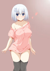  alternate_breast_size bad_id bad_pixiv_id bare_shoulders black_thighhighs blue_eyes blush bottomless breasts covered_nipples date_a_live female hair_ornament hairclip heart inui_sanagi large_breasts naked_shirt no_bra off_shoulder oversized_clothes photoshop_(medium) shirt short_hair simple_background solo t-shirt thighhighs tobiichi_origami white_hair 