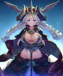  blonde_hair blush braid breasts cape cleavage commentary_request earrings enrica_(sekaiju) female gradient_background green_eyes hand_on_hilt hat highres jewelry large_breasts long_hair looking_at_viewer overskirt photoshop_(medium) sekaiju_no_meikyuu sekaiju_no_meikyuu_x signature simple_background smile solo takamine_nadare twin_braids winged_hat 