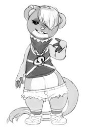  anthro clothed clothing crookedtrees ear_piercing eyelashes female fully_clothed generation_7_pokemon greyscale grin hair hair_over_eye jewelry midriff monochrome necklace nintendo one_eye_obstructed piercing pokemon pokemon_(species) smile solo yungoos 