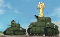  alisa_(girls_und_panzer) alisa_(girls_und_panzer)_(cosplay) big_bird_(sesame_street) blonde_hair brown_hair commentary_request cosplay crossover day driving emblem girls_und_panzer kakizaki_(chou_neji) kay_(girls_und_panzer) kay_(girls_und_panzer)_(cosplay) long_hair m4_sherman military military_vehicle motor_vehicle no_humans oscar_the_grouch outdoors saunders_(emblem) sesame_street short_hair short_twintails sky tank twintails 