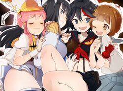  4girls ;d bad_id bad_pixiv_id black_hair blue_eyes brown_hair epaulettes furururu girl_sandwich gloves hat jakuzure_nonon junketsu kill_la_kill kiryuuin_satsuki mankanshoku_mako matoi_ryuuko multicolored_hair multiple_girls one_eye_closed open_mouth pink_hair round_teeth sandwiched school_uniform senketsu serafuku shako_cap short_hair single_glove smile teeth two-tone_hair 