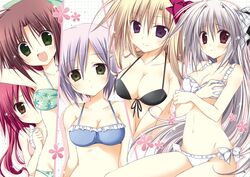  bikini blonde_hair blush bow breast_hold breasts brown_eyes brown_hair cleavage firill_crest gray_hair green_eyes group iris_freyja juuoumujin_no_fafnir korie_riko lisa_highwalker navel purple_eyes purple_hair red_hair ren_miyazawa riella_lu short_hair swimsuit 