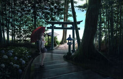  backpack bag blue_eyes brown_hair camera commentary_request female flower forest highres hydrangea looking_at_viewer looking_back miniskirt nature ocean original outdoors parasol photoshop_(medium) rain ribbon school_uniform skirt solo stairs summer torii umbrella walking yumemizuki 