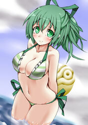  bikini blush breasts collarbone commentary_request cowboy_shot duel_monster female green_eyes green_hair hair_ornament highres kiramashi_(satsujinki) large_breasts long_hair looking_at_viewer millennium_eye ocean ponytail ribbon smile solo swimsuit wynn_(yu-gi-oh!) wynn_the_wind_charmer yu-gi-oh! 