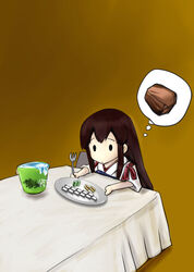  2_fuel_4_ammo_11_steel akagi_(kancolle) bauxite brown_hair bucket commentary_request female fine_art_parody fork highres i_asked_for_scrambled kantai_collection kimura_shuuichi long_hair muneate parody plate solid_oval_eyes solo table water 