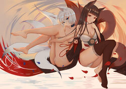  2girls ;q akagi_(azur_lane) animal animal_ears azur_lane bare_arms bare_legs bare_shoulders barefoot blue_choker blue_eyes blunt_bangs breasts brown_thighhighs choker cleavage closed_mouth cloud cloudy_sky collarbone commentary_request detached_sleeves dress eyes_visible_through_hair feet fingernails fox_ears fox_girl fox_tail full_body hair_ornament hair_tubes highres hugging_own_legs japanese_clothes kaga_(azur_lane) knees_to_chest knees_up large_breasts legs long_hair looking_at_viewer makeup mascara midair multiple_girls ocarino ocean off-shoulder_dress off_shoulder one_eye_closed outdoors panties pantyshot plantar_flexion red_skirt short_hair sidelocks single_thighhigh skirt sky sleeves_past_wrists smile swimsuit tail thighhighs tongue tongue_out underwear upskirt very_long_hair water white_hair white_panties wide_sleeves 